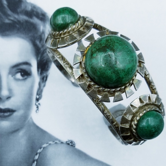 Vintage Jewelry - Vintage Chrysocolla Sterling Silver Peru Bracelet